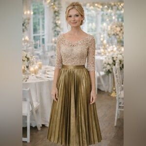 NWTS Chico’s Black Label Gold Metallic Accordion Pleated Maxi Skirt Size 0.5 (S)